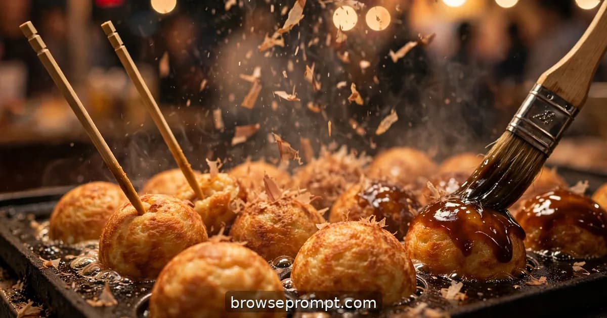 A vendor spinning golden takoyaki balls with steel picks on a sizzling cast-iron griddle, oil bubbling.