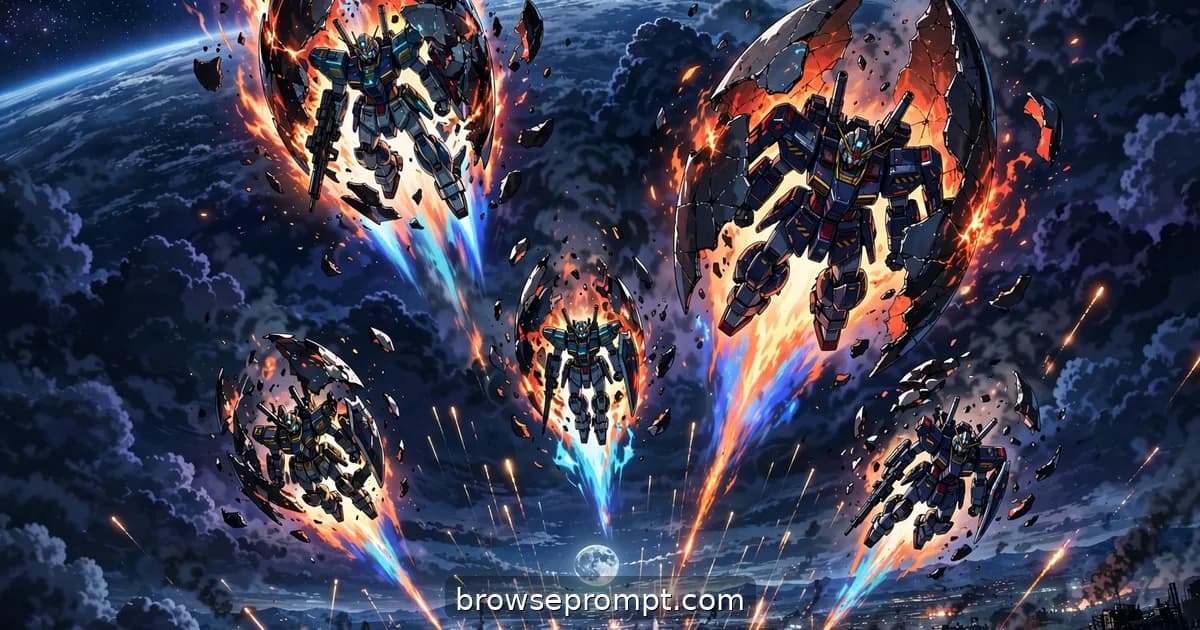 Five mechs in heat-shield cocoons streak burning through the atmosphere toward a moonlit battlefield below.