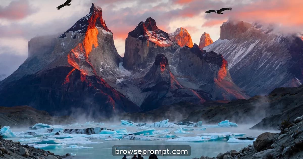 Torres del Paine's granite towers burning orange with alpenglow above a milky turquoise lagoon at dawn.