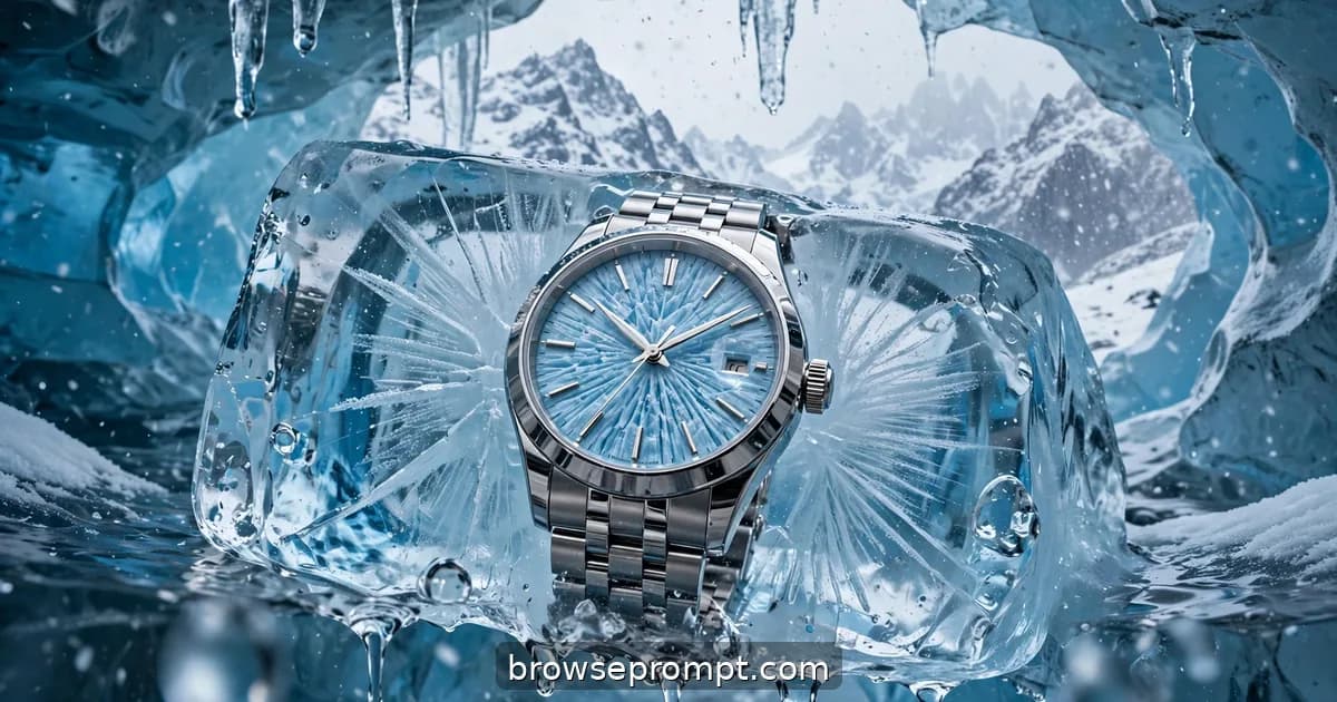 An ice-blue glacier-dial watch frozen into a pedestal of clear ice inside a glowing blue ice cave.