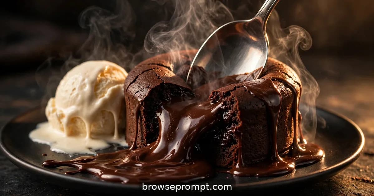 A spoon cracking a chocolate lava cake, the dark molten center flowing out in a glossy river.