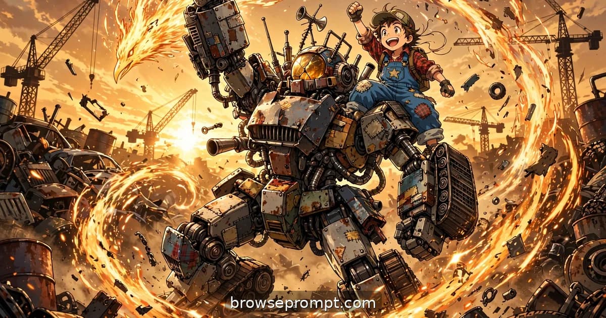 A patchwork junk mecha rises in a phoenix swirl of sparks and flying scrap as a cheering kid rides its shoulder at sunset.