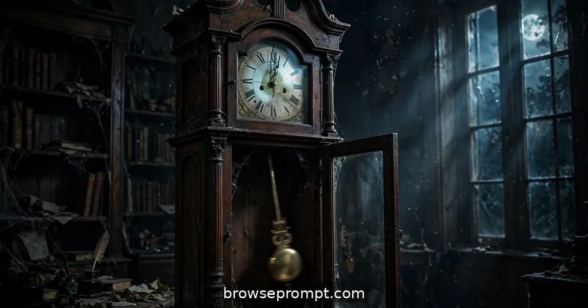 Horror film still: the grandfather clock ticks again, steeped in time-out-of-joint dread.