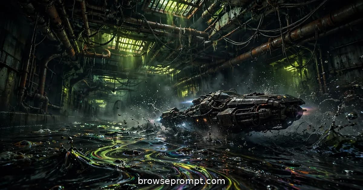A speeder skimming black canal water through the cyberpunk undercity beneath tangled pipes and cables.