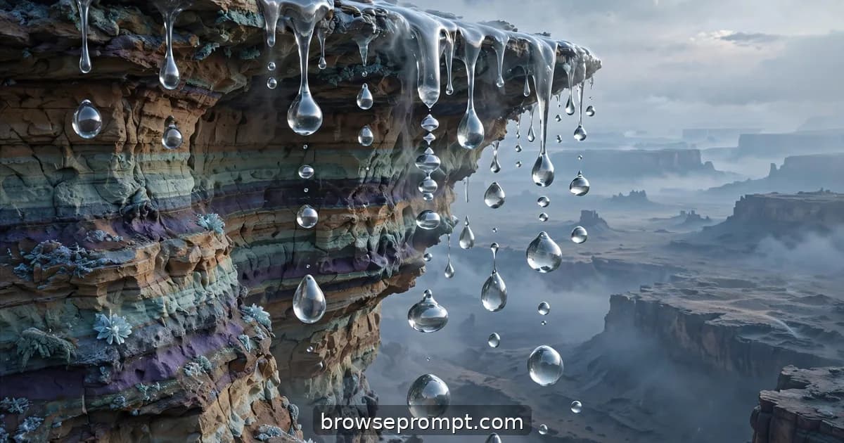A methane waterfall falling impossibly slowly off an alien mesa in low gravity.