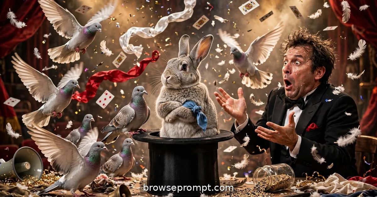 Comedic cover art: mid magic show, the rabbit refuses to come out of the hat, then unionizes the doves and brings the act to a halt.