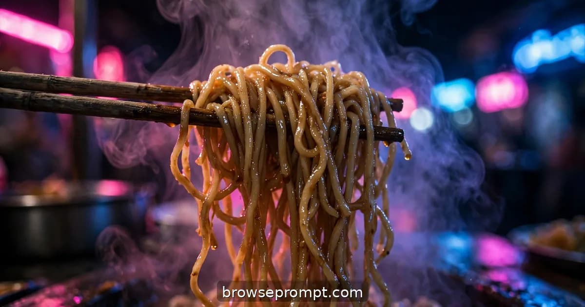 Chopsticks lifting tangled noodles at a midnight stall, neon pink and blue reflections on the glistening strands.