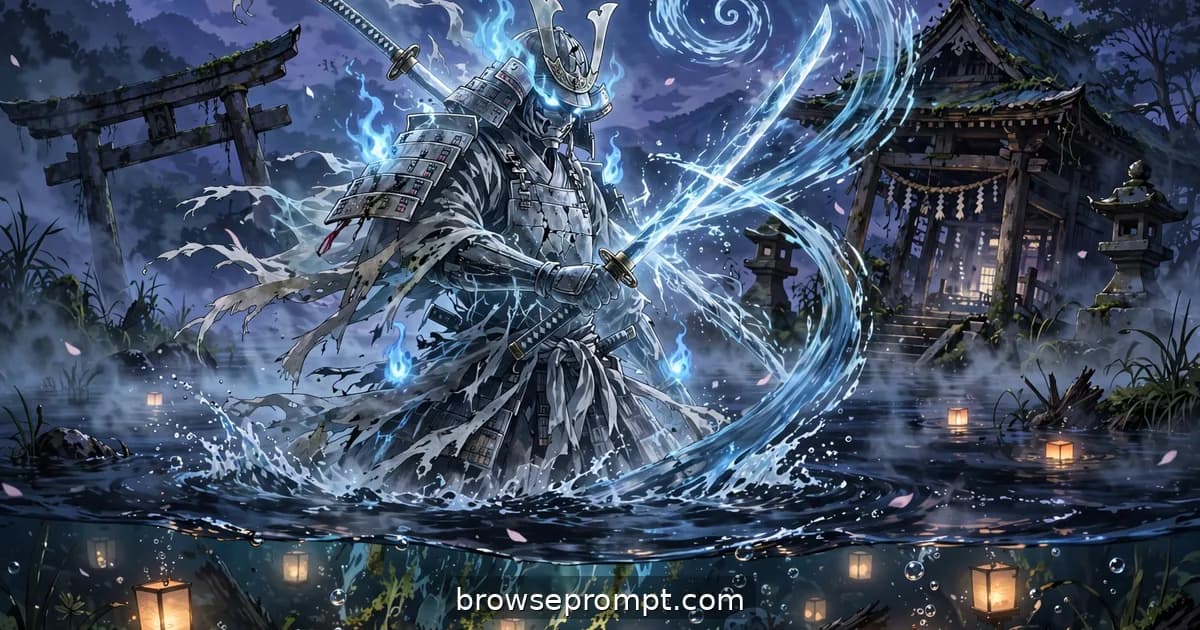 A translucent spectral samurai rises from a misty lake facing an aging warlord on a stone causeway by a half-sunken shrine.