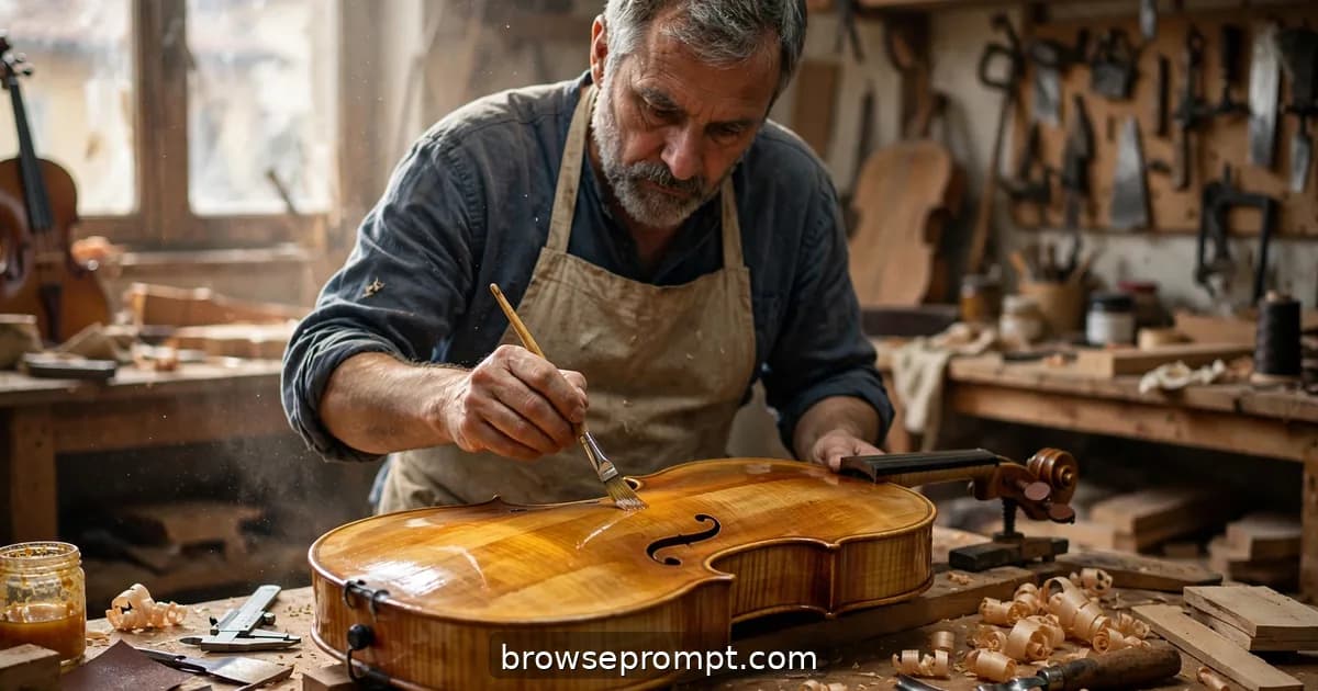 A Cremona luthier brushes golden varnish onto a violin's spruce belly in dusty north-light from a tall window.