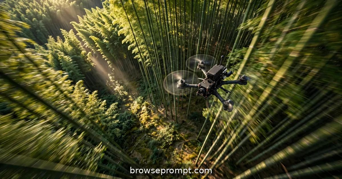 Aerial nature cover art: an FPV drone slaloms through a bamboo grove, green stalks whipping past in a blur.