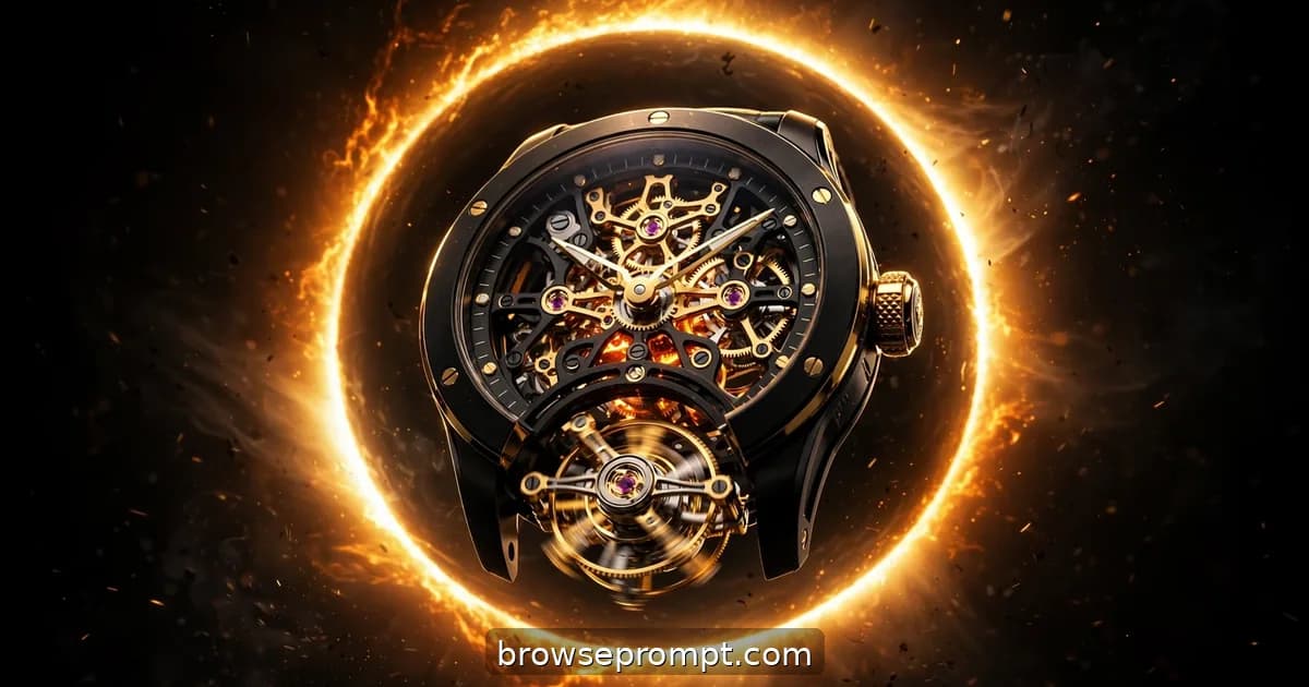 A black-and-gold tourbillon watch floating before a blazing ring of golden light like a solar eclipse.