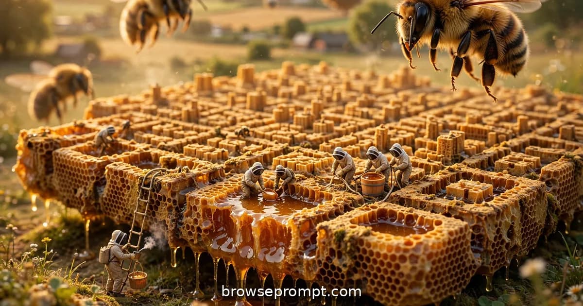 Tilt-shift photo of tiny beekeepers harvesting honey from a giant honeycomb as enormous bees drift past.