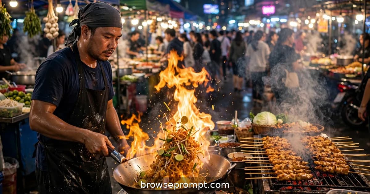 A Bangkok night-market vendor flips pad thai in leaping wok flames as neon glows through satay smoke.