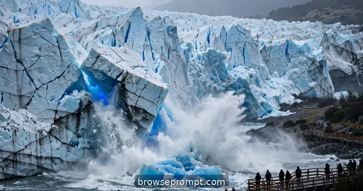 A massive ice block crashing off Perito Moreno's blue-white ice wall into the lagoon in white spray.