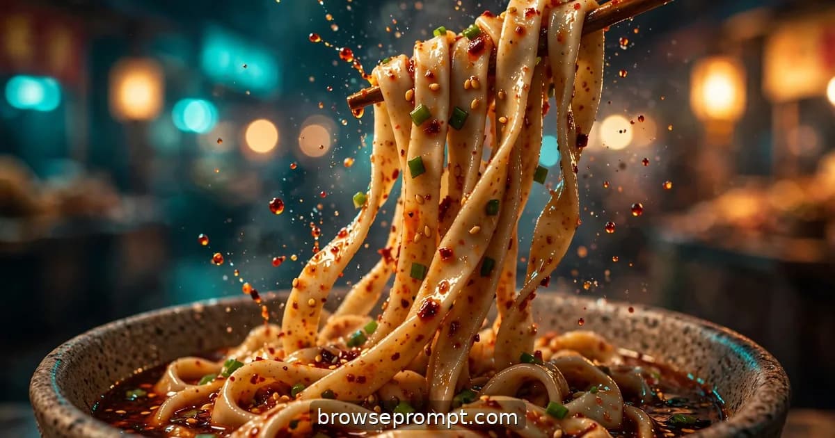Wide hand-pulled noodles stretching through vivid red chili oil, sesame seeds glinting, night market bokeh behind.