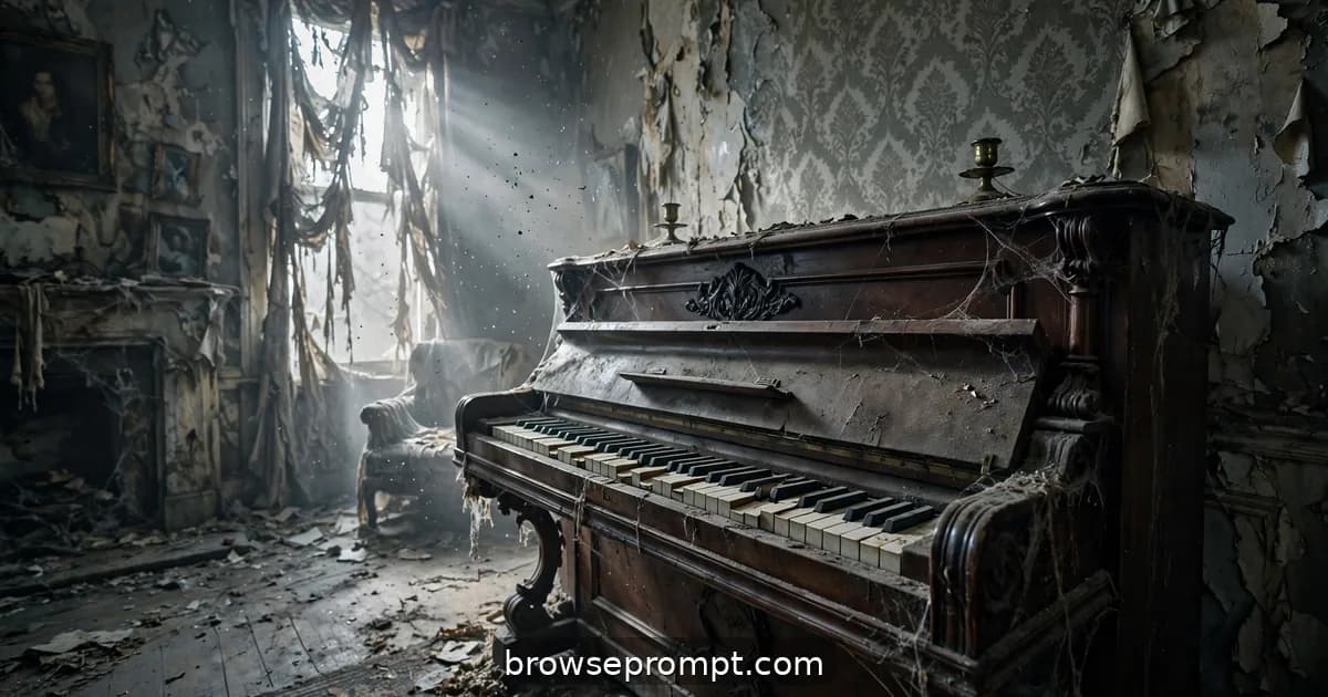 Horror film still: the dusty piano plays itself, steeped in melancholic, deeply wrong.