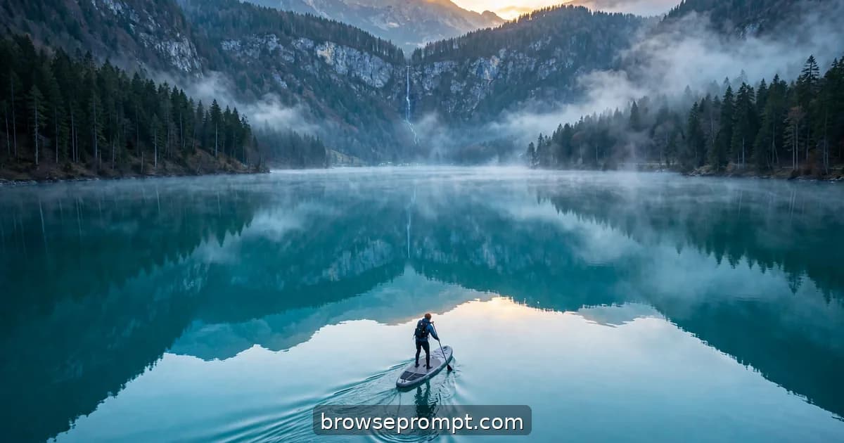 Paddleboarder gliding across Lake Brienz's surreal turquoise water at dawn between mountain reflections.