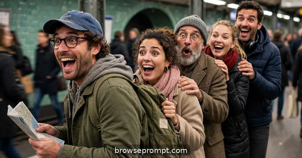 Comedic cover art: a tourist with a paper map tries to navigate the Paris Metro at rush hour and ends up leading a conga line of confused followers.