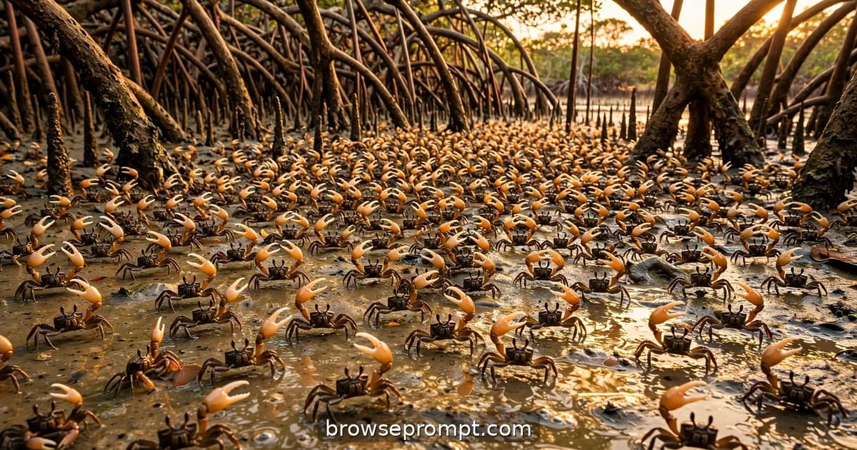 Fiddler crabs with raised giant claws swarm a wet mangrove mudflat beneath arching roots at golden hour.