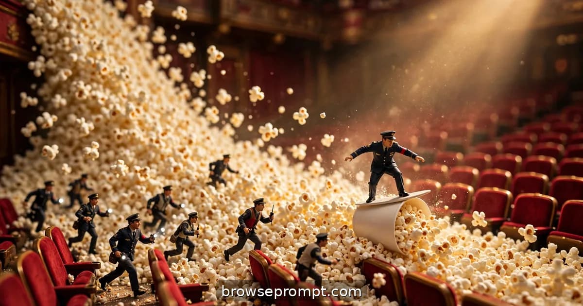 Tilt-shift photo of tiny ushers buried by a popcorn avalanche inside a giant movie theater.