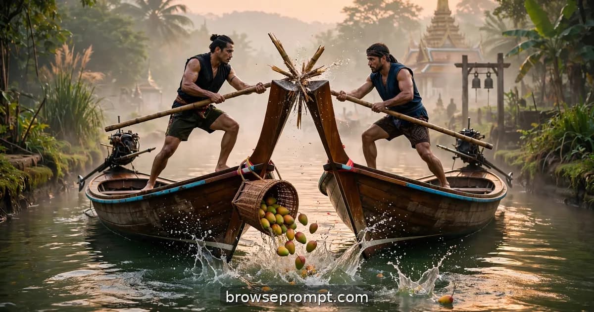 Two pole-fighters dueling on rocking boats at a floating market at dawn, cinematic still.