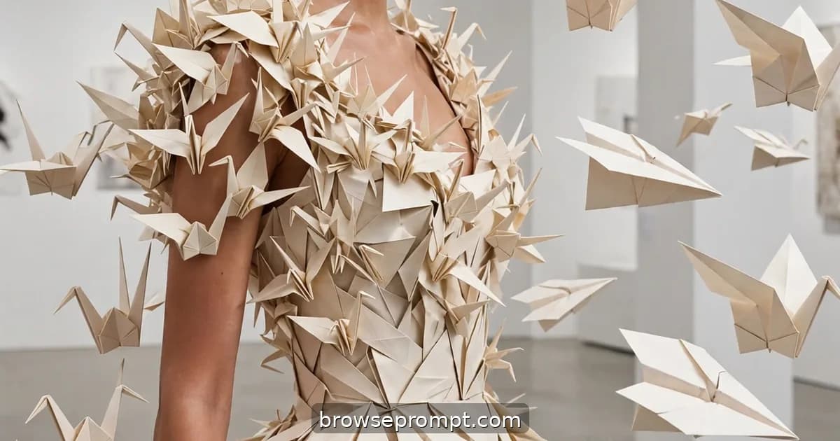A model wears a couture gown of folded paper cranes that unfolds and refolds like a living sculpture as she moves.