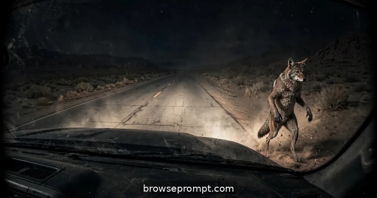 A cinematic horror still of skinwalker static — highway folklore made flesh under headlight tunnel in desert black.