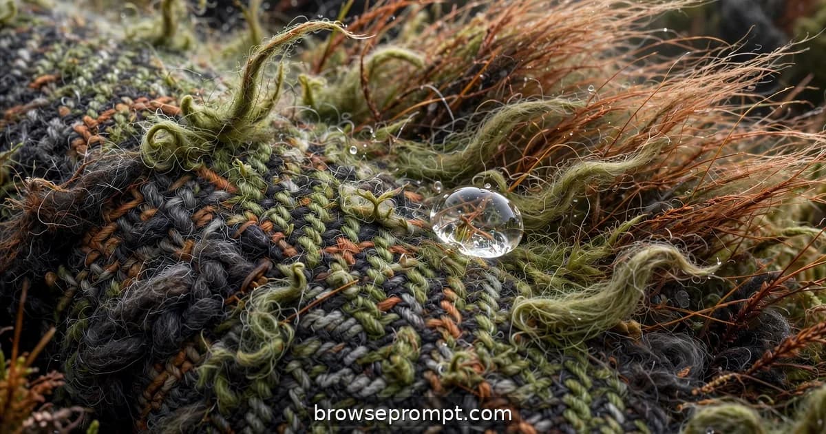Heritage tweed in moss, rust, and charcoal fills the macro frame as a water bead rolls across the weave.