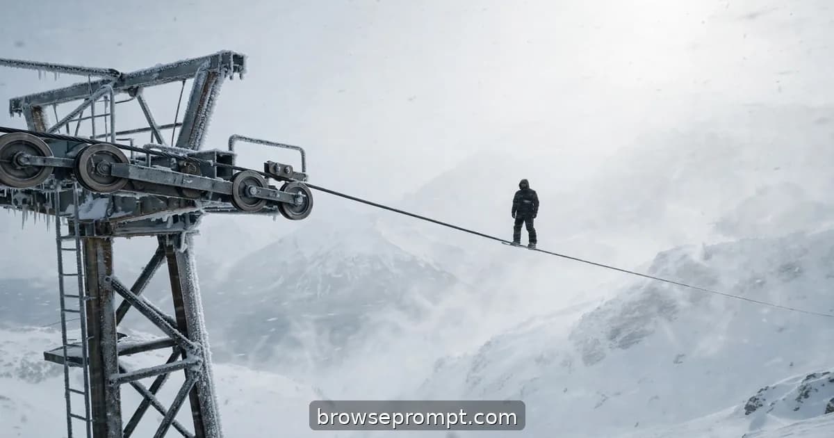 Dark cinematic still of ski lift cam: alpine isolation horror, white-out overexposure to ice-blurred close-up.