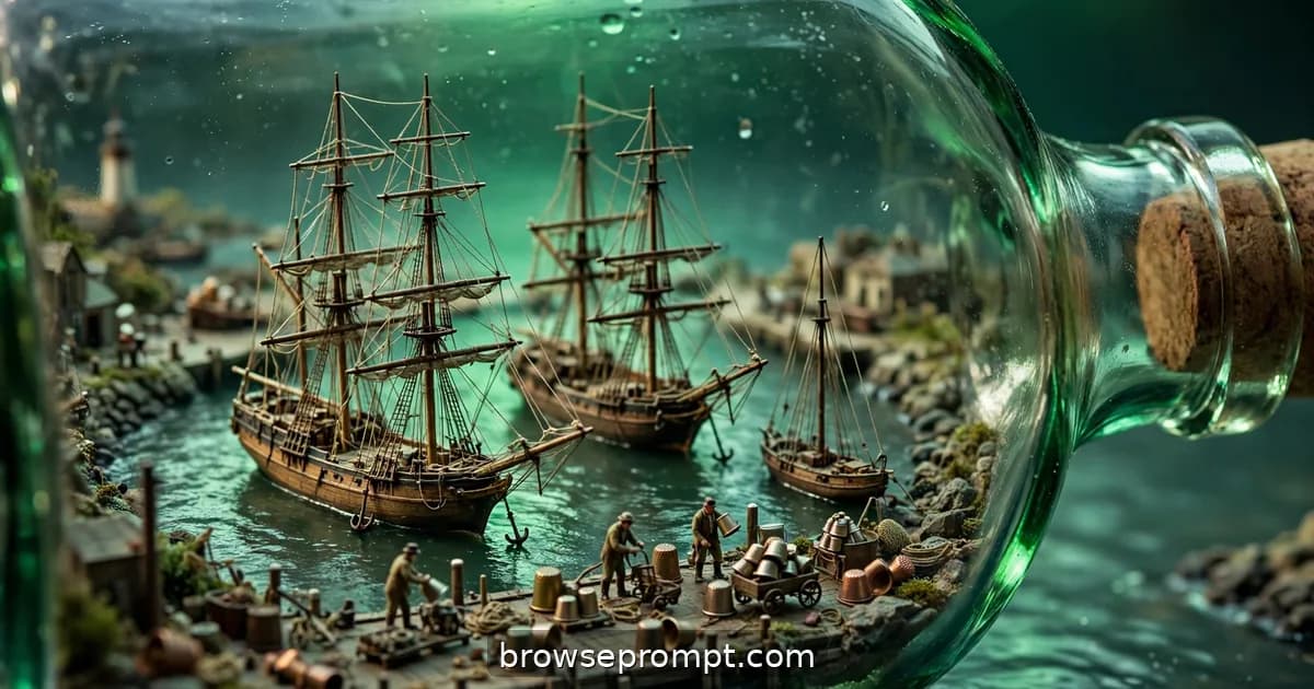 Tilt-shift photo of a living miniature harbor with tall ships inside a glass bottle.