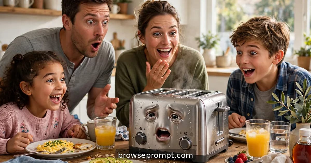 Comedic cover art: a family's smart toaster achieves consciousness mid-breakfast and delivers a tearful monologue about the meaning of browning.