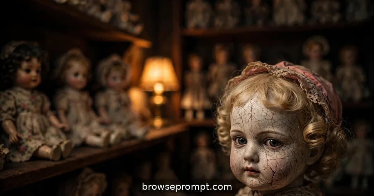 Dark cinematic still of the doll room: uncanny, childhood-fear dread, warm table lamp against shadowed shelves.