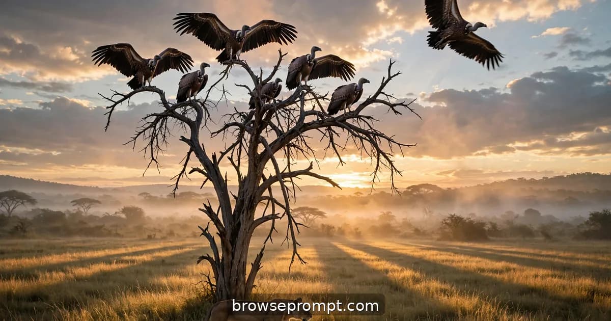 Vultures spread their wings in a dead acacia tree at golden dawn over the African savanna.