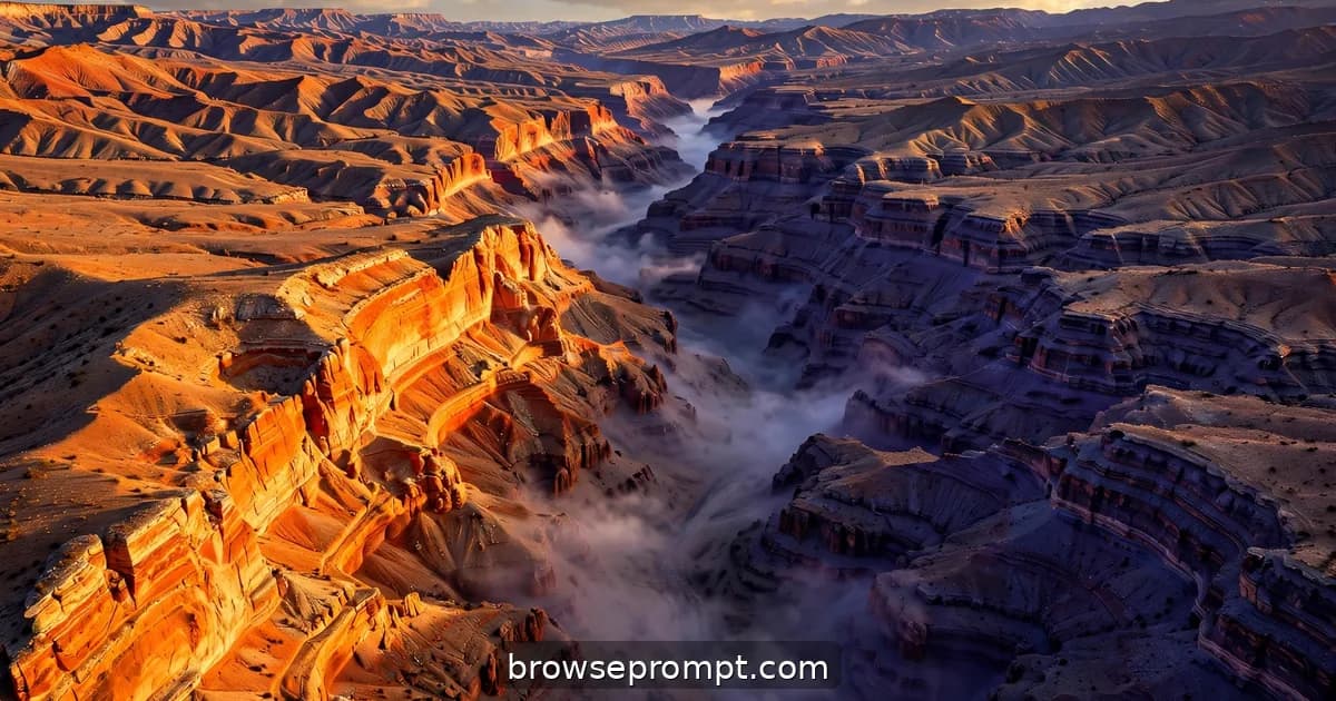 Aerial nature cover art: late light rakes a desert gorge, one wall blazing orange, the other in violet shadow.