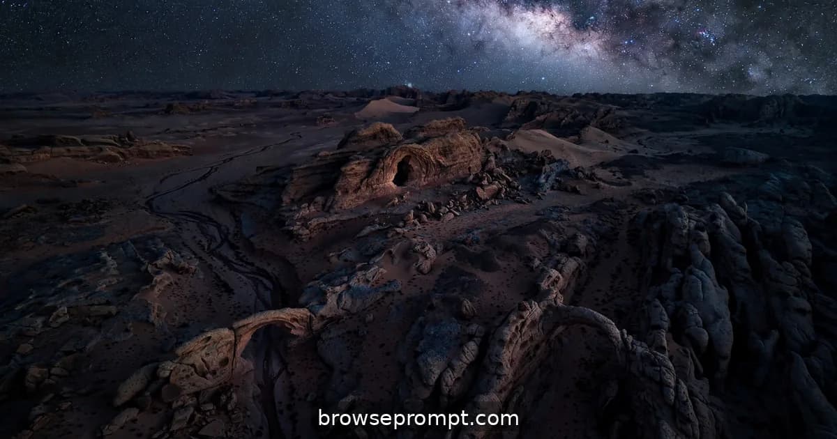 Aerial nature cover art: stone arches stand under wheeling stars, the Milky Way arching over the desert night.