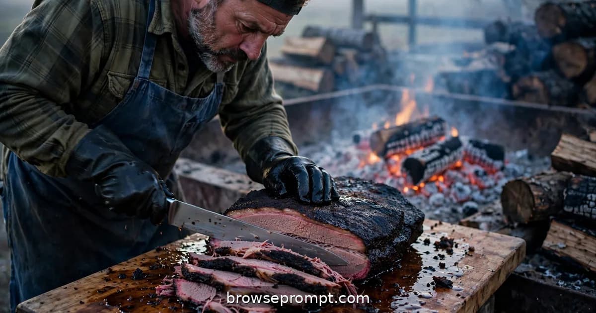 A Texas pitmaster slices a midnight-black barked brisket, juices pooling, in thick pink-smoked ribbons at dawn.