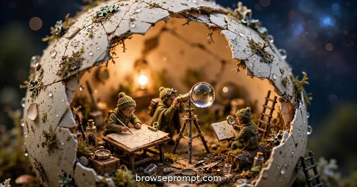 Tilt-shift photo of tiny astronomers charting stars through a dewdrop telescope in an eggshell observatory.