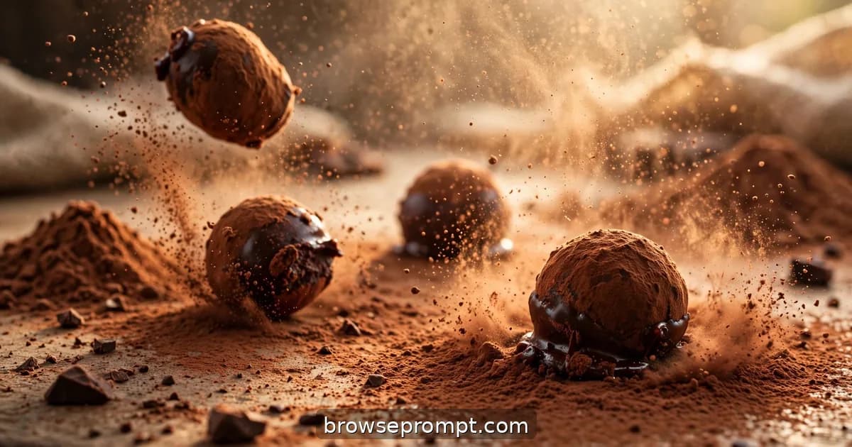 Gloved hands rolling glossy ganache truffles through cocoa powder, tiny dust clouds hanging in warm light.