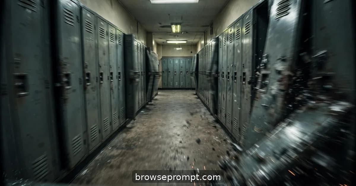 Horror film still: school hallway after hours, steeped in adolescent nightmare, contained violence.