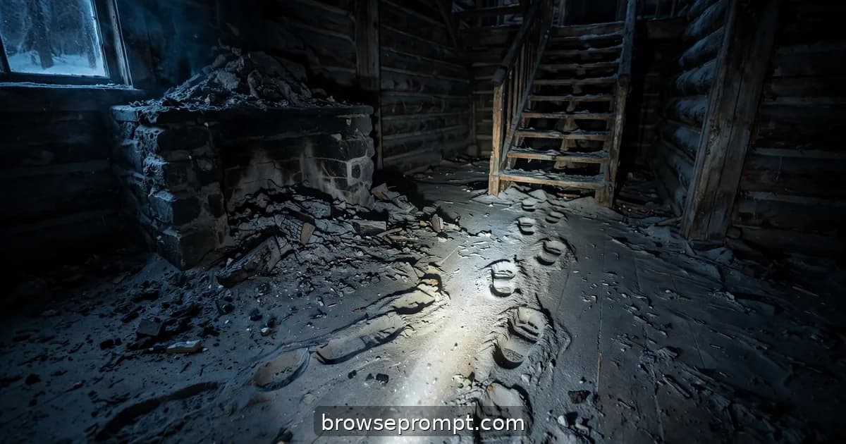 A cinematic horror still of fireplace ash footprints — isolation dread, the intruder already inside under phone-flashlight harshness on wood and ash, blue.