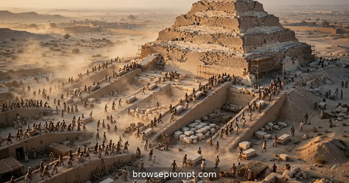 Workers haul limestone blocks up mud-brick ramps beside the rising Step Pyramid at golden desert dawn.