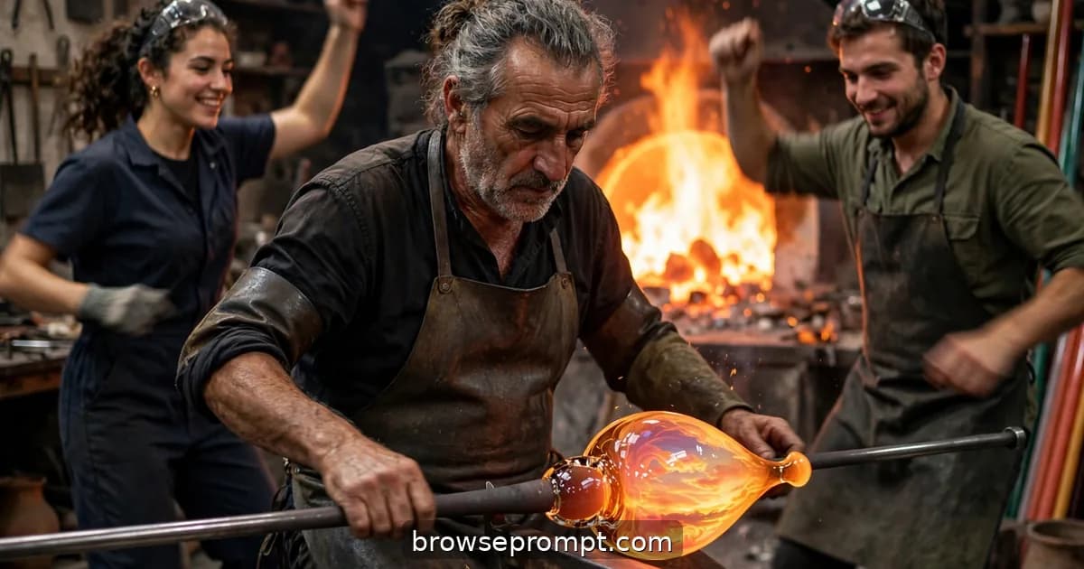 A Murano maestro shapes a glowing gather of molten glass on the blowpipe, colors swirling inside like a captured sunset.