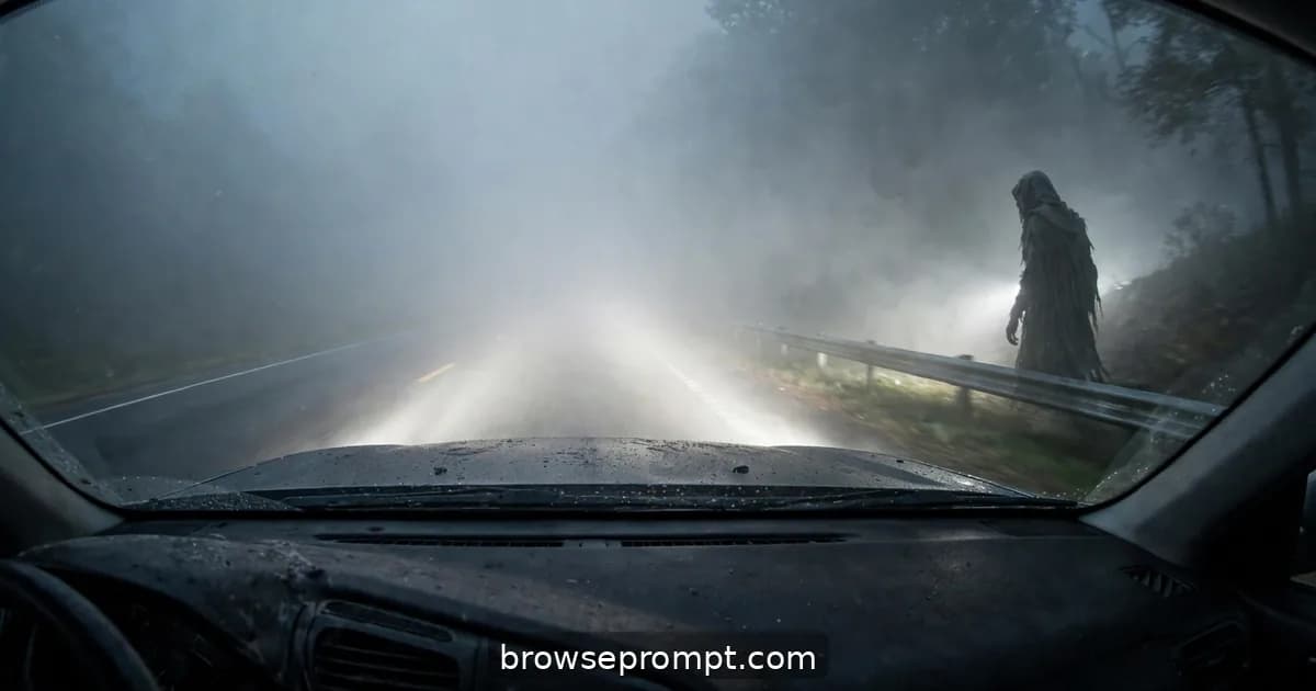 Horror film still: dashcam on an empty highway, steeped in highway hypnosis horror.