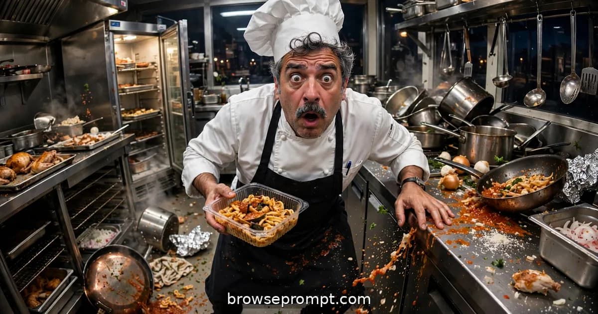 Comedic cover art: a famous chef sneaks into his own restaurant kitchen at 3 a.m. like a burglar to steal leftovers, caught by the security camera.