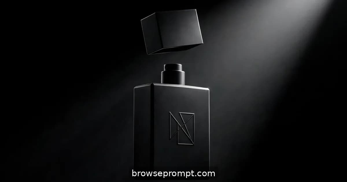 A rectangular black perfume flacon in an infinite black void, its edges revealed by a sweeping hard light.