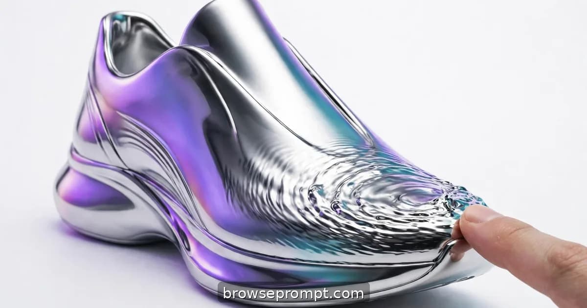 A liquid-chrome concept sneaker with a mirror finish reflecting a violet-to-cyan gradient in a white void.