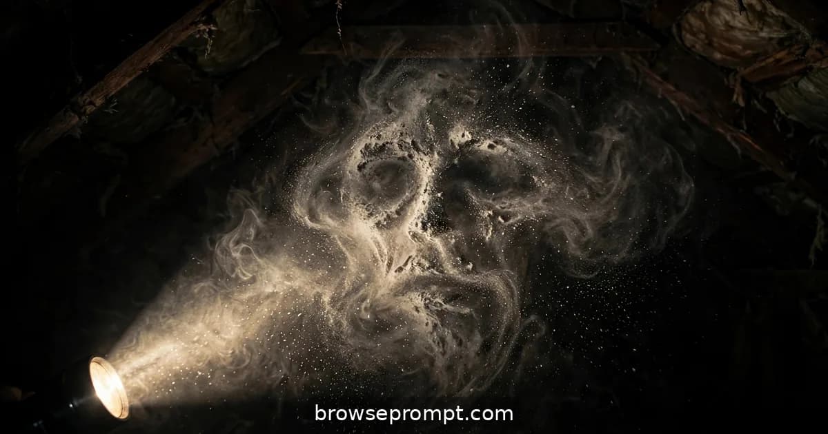 A cinematic horror still of dust motes in the attic beam — fleeting, deniable, skin-crawling under single flashlight beam in absolute black.