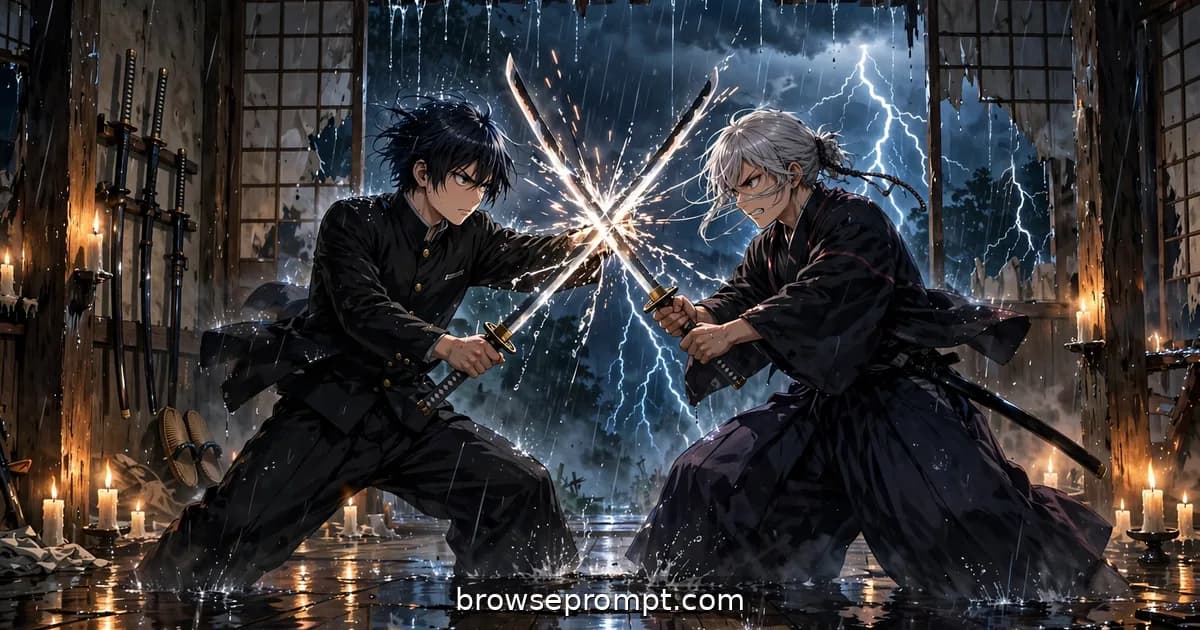 Two rival students cross blades in a rain-soaked wooden dojo as lightning flashes through paper screens.