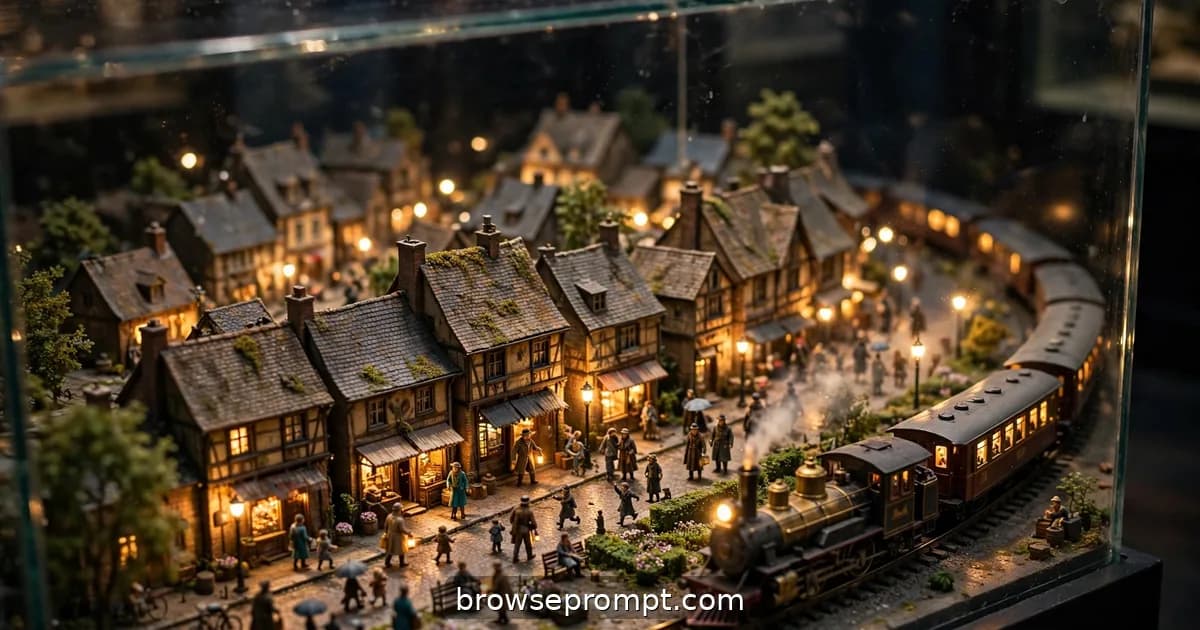 Tilt-shift photo of a museum diorama town with tiny lit windows coming alive after closing time.