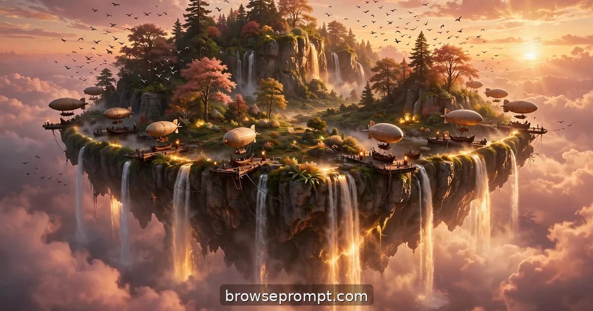 A slow orbit around a floating island at sunset, airships anchored at its glowing rim.